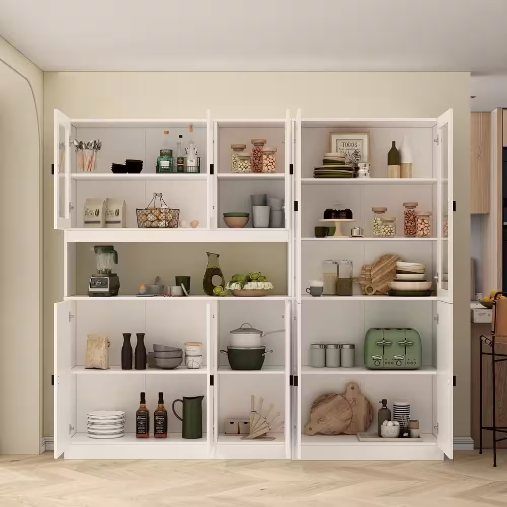 None White Wood 78.7 in. W Buffet Combination Storage Cabinet W/Hutch, Glass Doors, Shelves (12.2 in. D x 70.9 in. H)