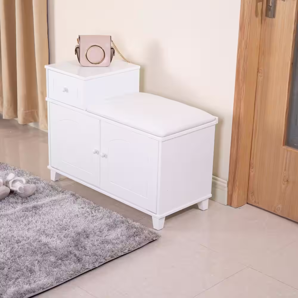 None 23.62 in. H x 31.5 in. W White Wood Shoe Storage Bench Shoe Ottoman Entry Way Cabinet with Drawer and Shelves