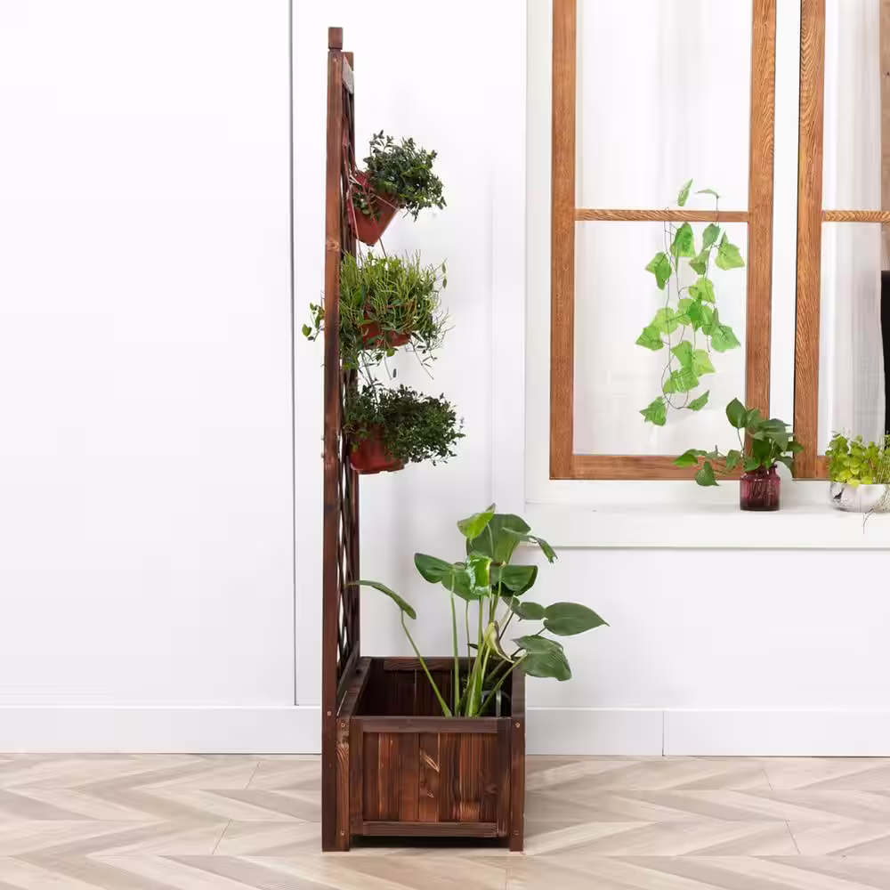 None 67 in. Wood Brown Planter Box with Trellis Outdoor for Plants