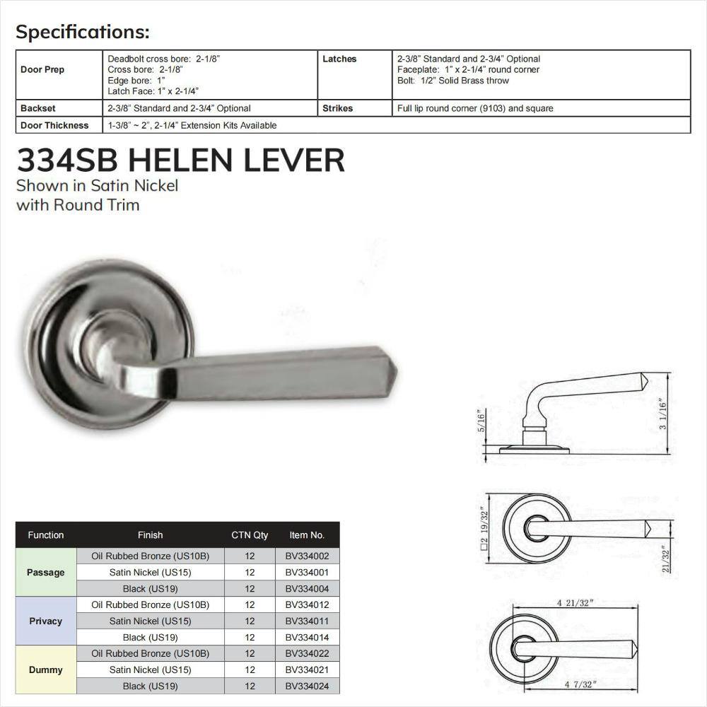 DELANEY HARDWARE Bravura Helen 334SB Solid Zinc Passage (Hall/Closet) Door Lever Satin Nickel w/ round trim