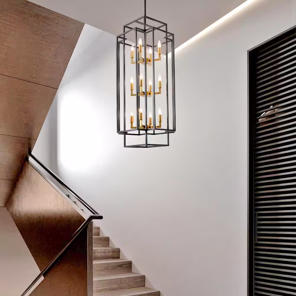 Magic Home 12-Light Modern Black Antique Gold Lantern Tiered Foyer Hanging Ceiling Chandelier for Living Room Dining Room