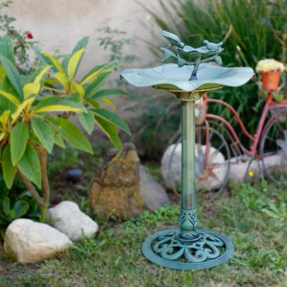 Alpine Corporation 33 in. Tall Outdoor Lotus Birdbath Yard Statue, Green