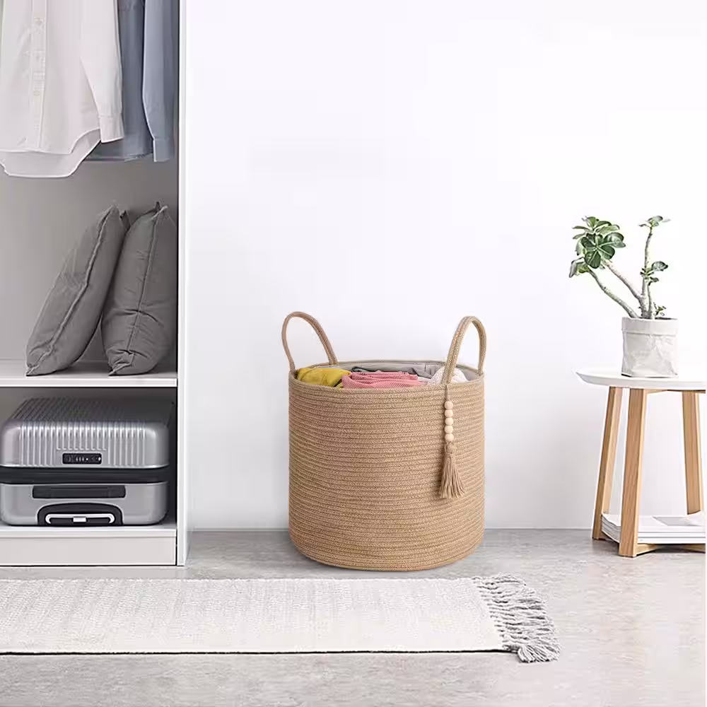 None Brown Round Jute Woven Storage Basket with Handles, 16 in x 13.8 in