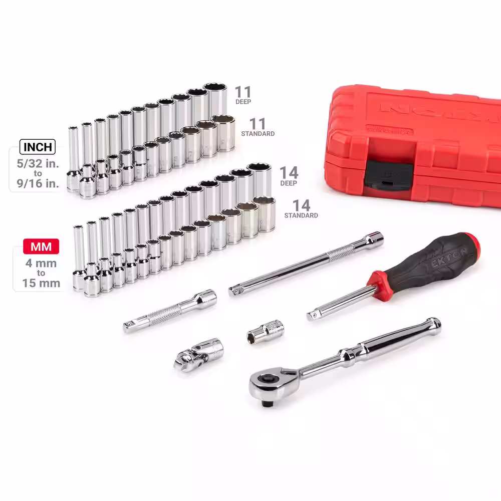 TEKTON 1/4 in. Drive 12-Point Socket and Ratchet Set, 56-Piece (5/32 - 9/16 in. 4 - 15 mm)