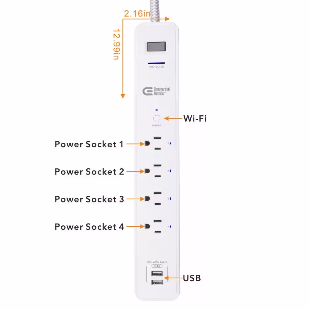 Commercial Electric 3 ft. 4-Outlet White Surge Protector Smart with USB Powered by Hubspace
