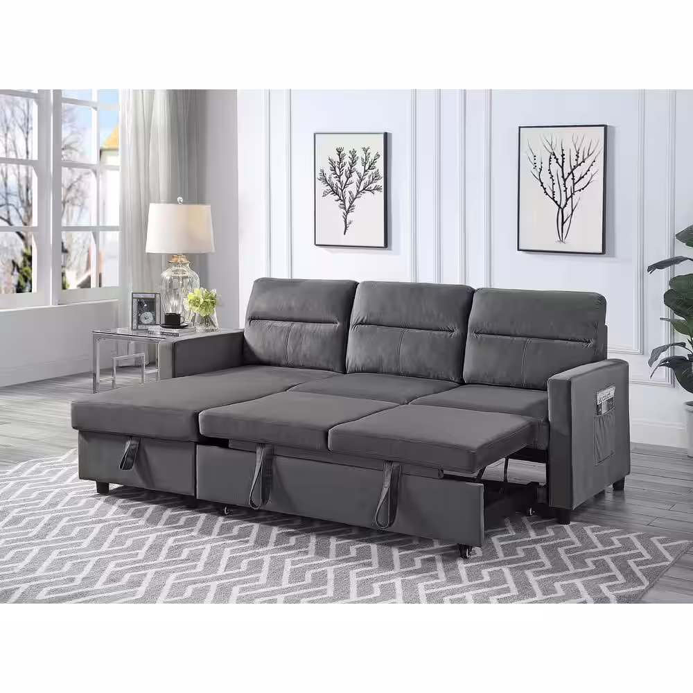 SIMPLE RELAX 81.5 in. W Velvet Reversible Sleeper Sectional Sofa with Storage Chaise and Side Pocket in Dark Gray