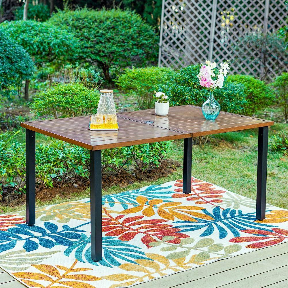 None Black 7-Piece Metal Outdoor Patio Dining Set with Wood-Look Rectangle Table and Red Textilene Chairs
