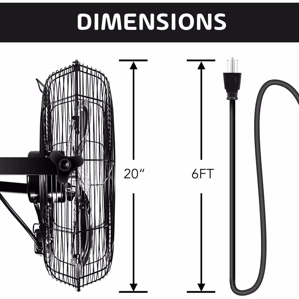None 20 in. Black High-Velocity 3-Speed Air Circulator Metal Wall Mount Fan