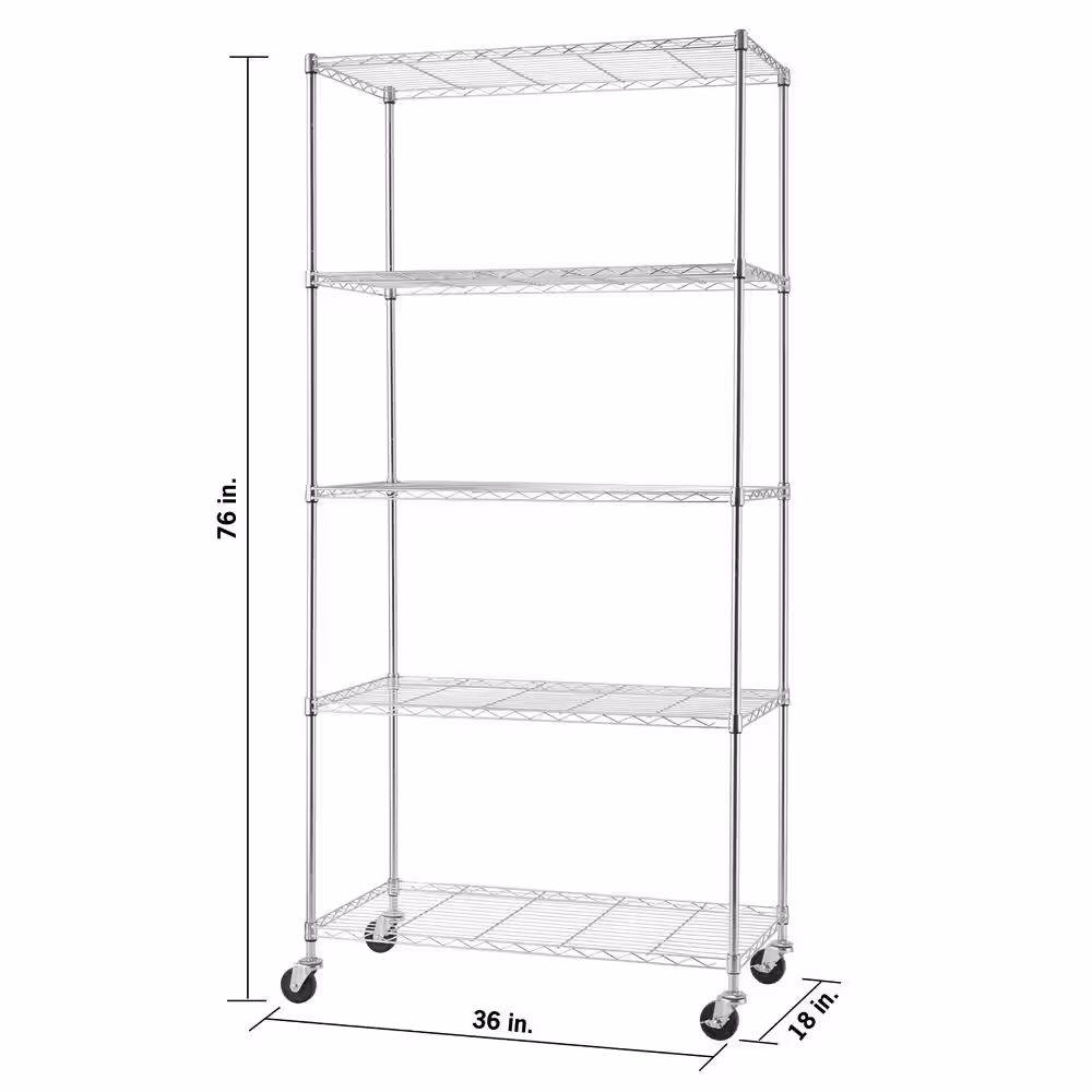 TRINITY EcoStorage Chrome 5-Tier Rolling Steel Wire Shelving Unit (36 in. W x 76 in. H x 18 in. D)