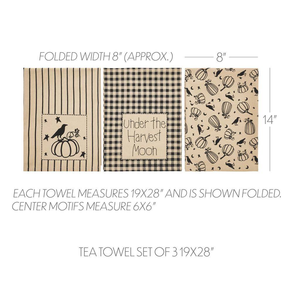 VHC BRANDS Raven Harvest Black Autumn Pumpkins Moons Stripes Muslin Cotton Kitchen Towel Set (Set of 3)