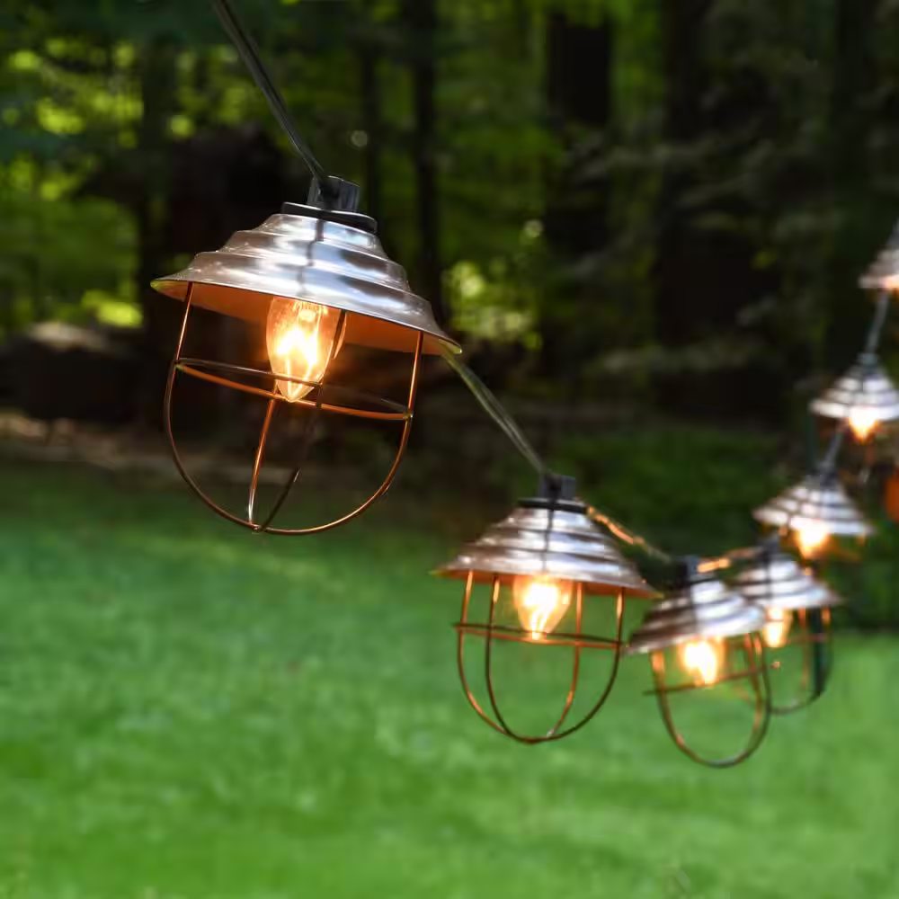 LUMABASE Outdoor 20 ft. Plug-in Electric Edison Bulb Cafe String Lights with 10 Brown Metal Shades