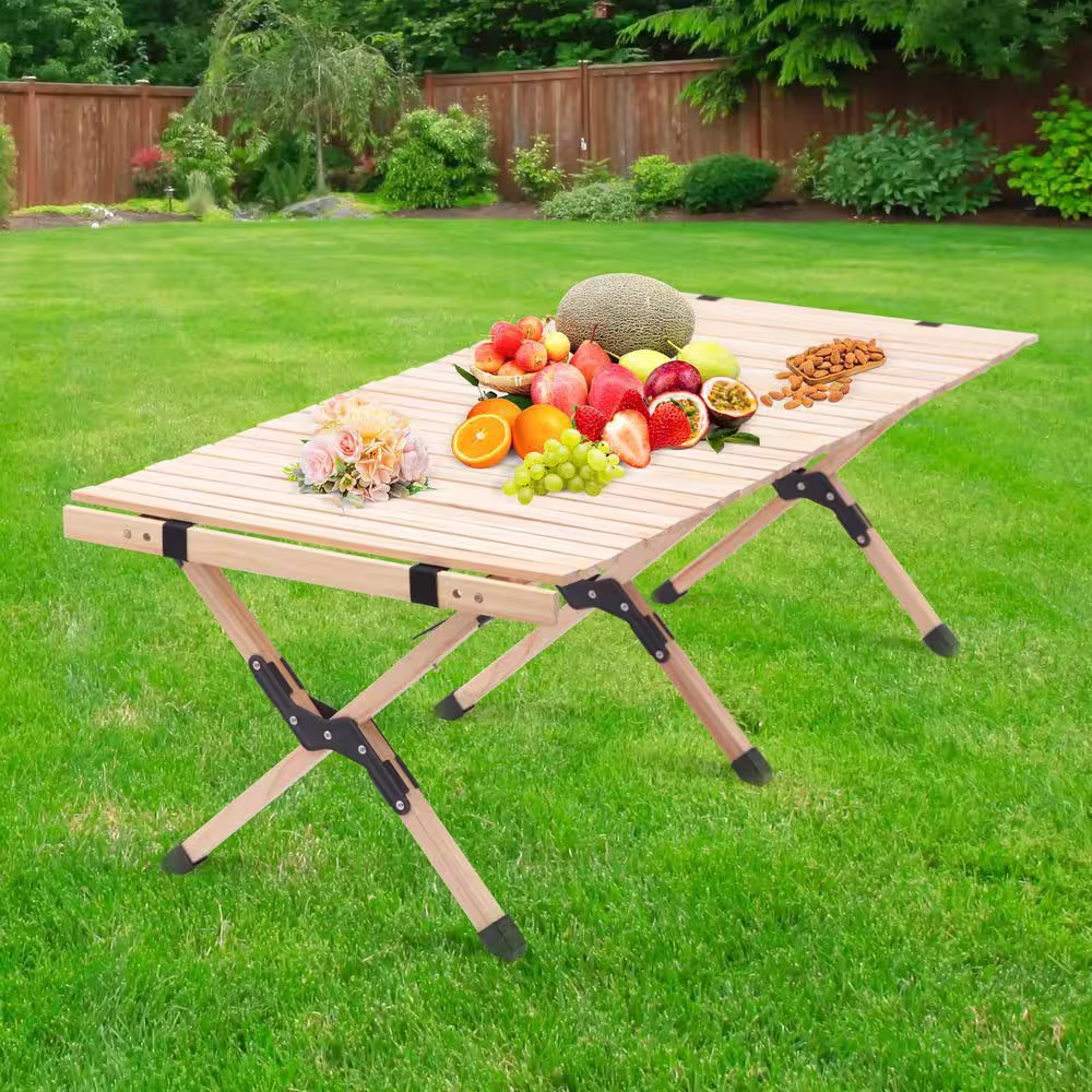 YIYIBYUS Rectangular Wood Outdoor Portable Foldable Picnic Table Original Wood Color