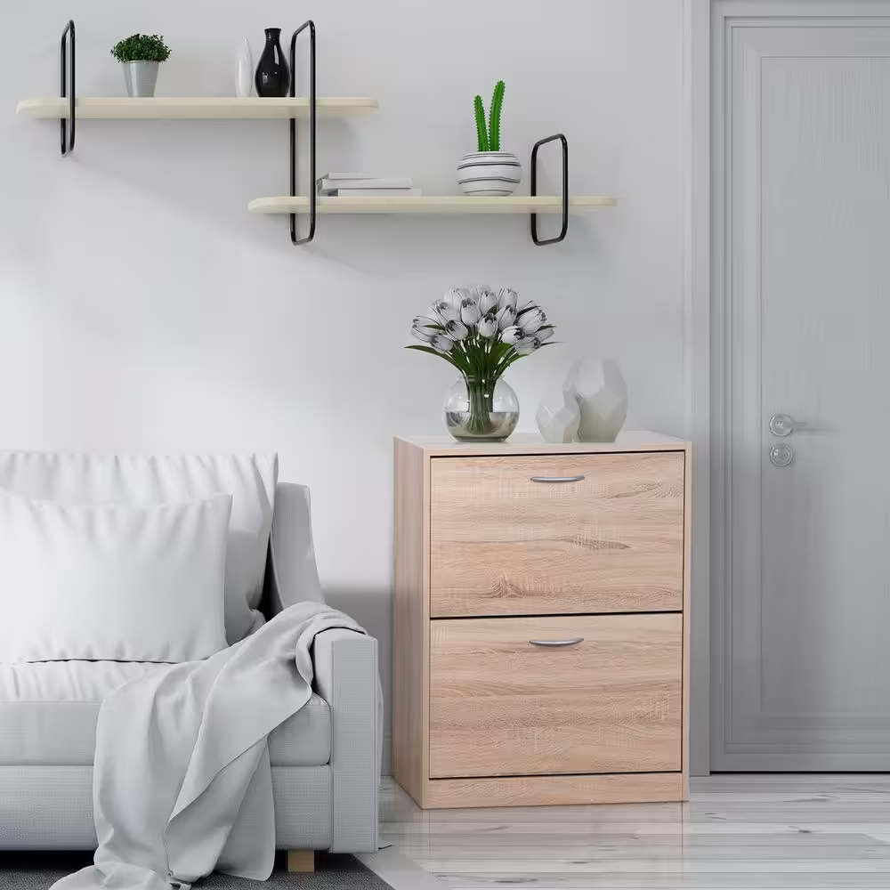 None 31.5 in. H x 24.41 in. W Natural Wood Shoe Storage Cabinet with 2 Flip Doors