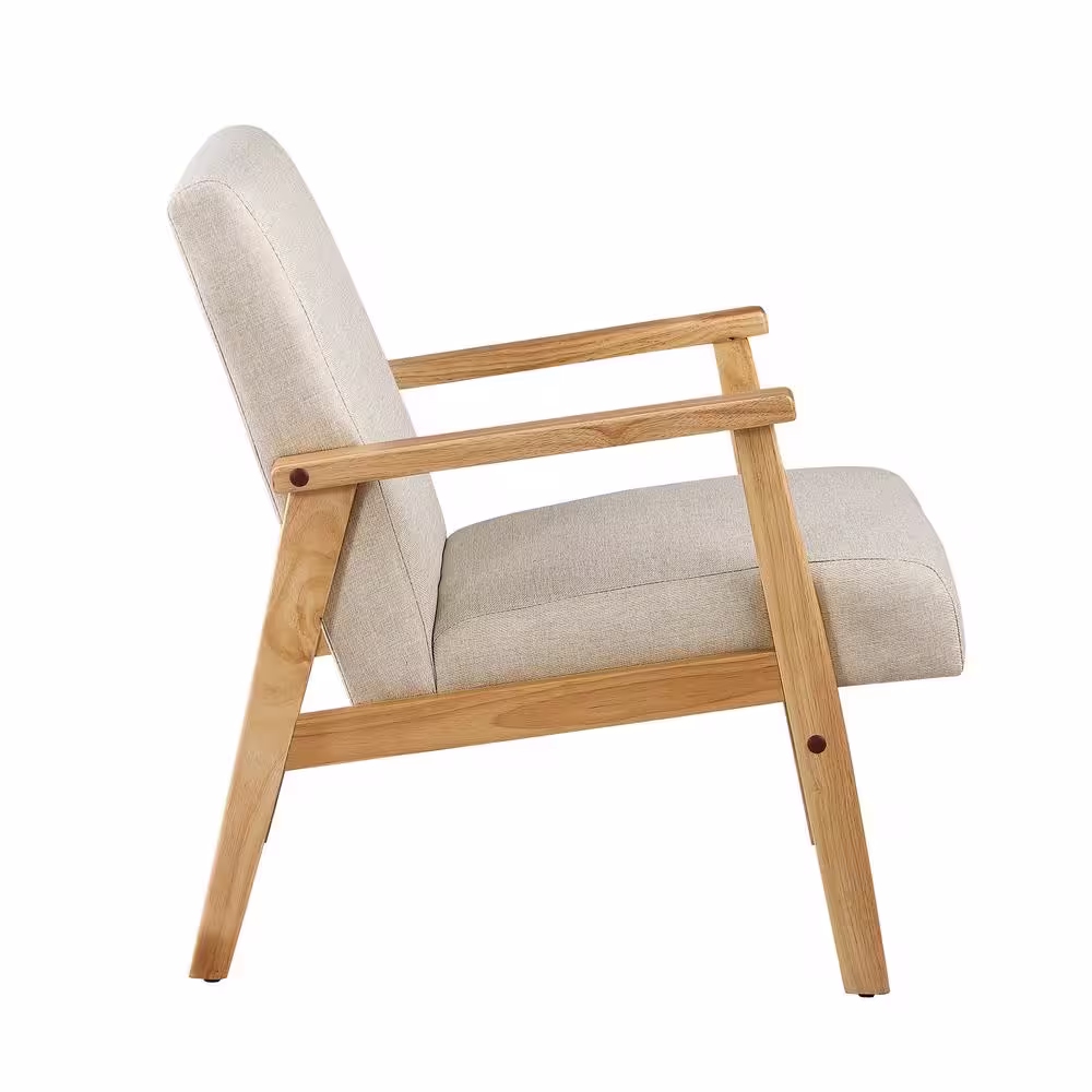 None Beige Mid Century Arm Chair with Wood Frames Linen Upholstered