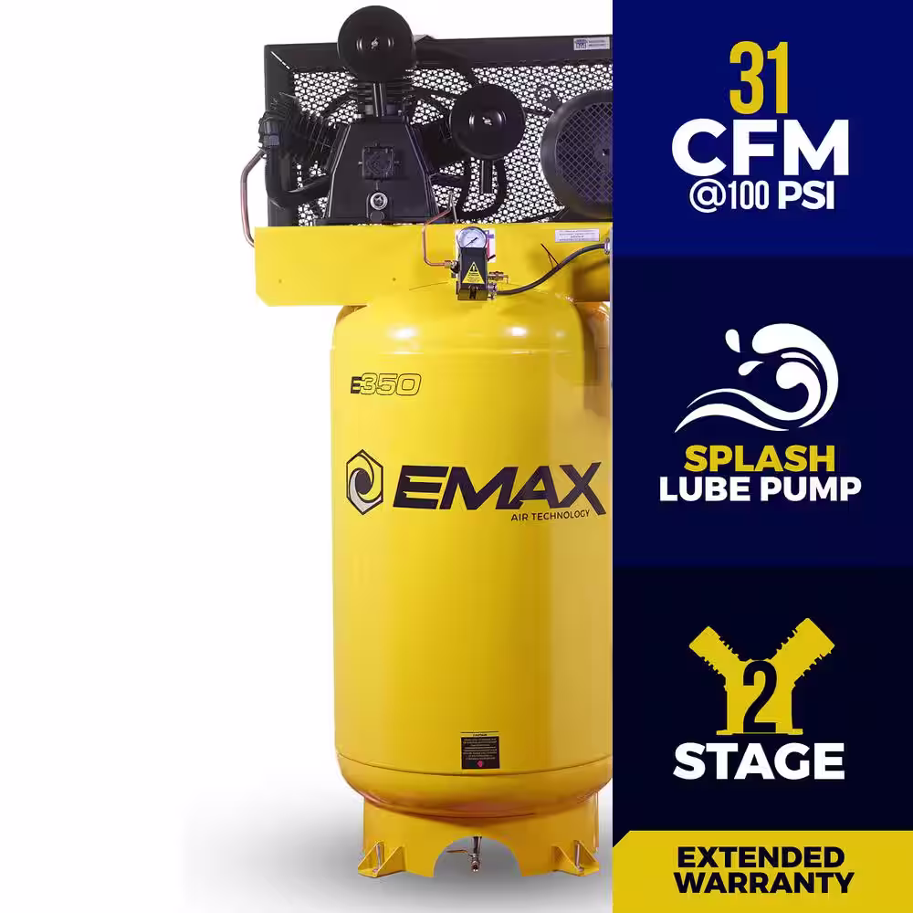 EMAX 80 Gal. 7.5 HP 3-Cylinder 1-Phase Air 175 PSI Electric Air Compressor with Isolator Pads and Auto Drain