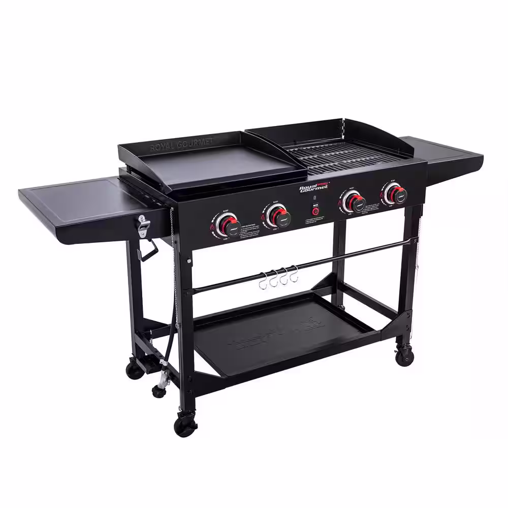 Royal Gourmet 4-Burner Portable Flat Top Propane Gas Grill and Griddle Combo with Folding Legs, 48,000 BTU in Black