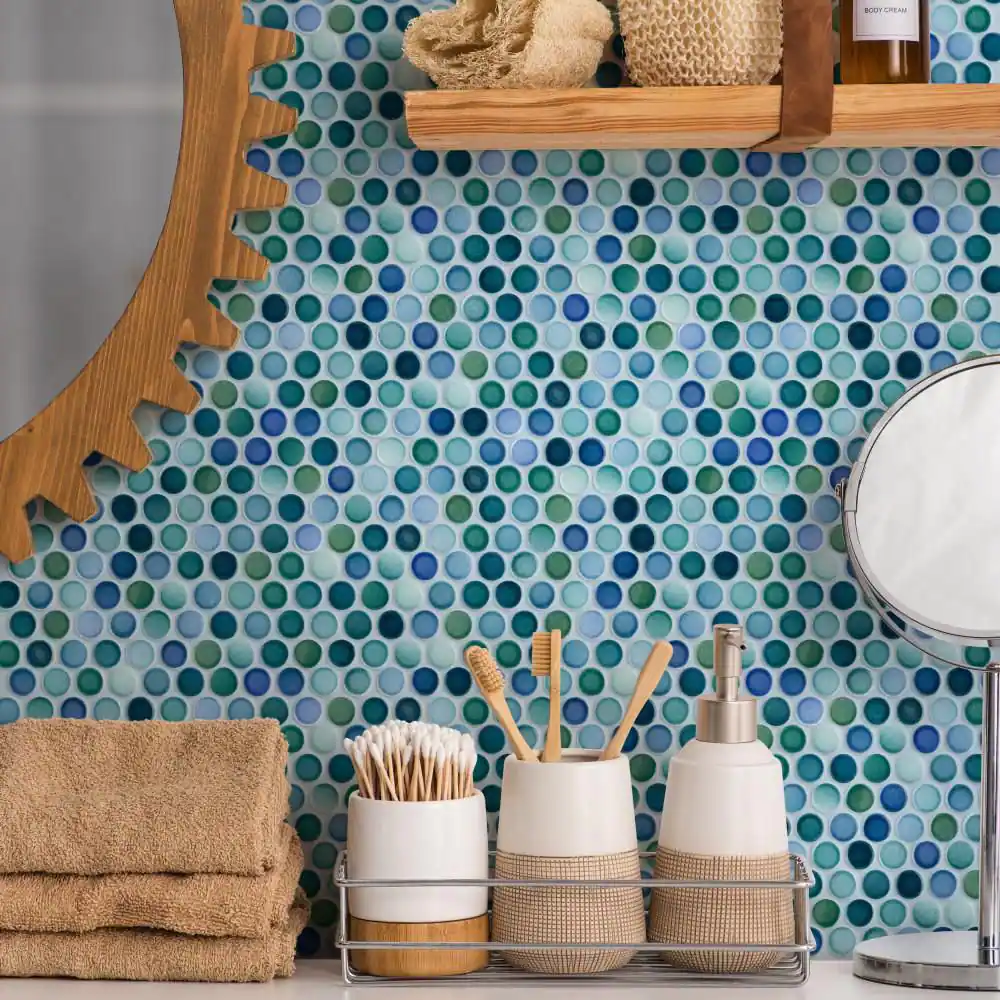 Merola Tile Hudson Penny Round Aquamarine 12 in. x 12-5/8 in. Porcelain Mosaic Tile (10.7 sq. ft./Case)