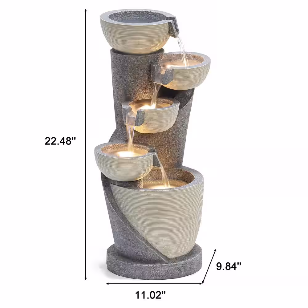 None Gray Bowls and Column Outdoor Polyresin Cascade Fountain with LED Lights
