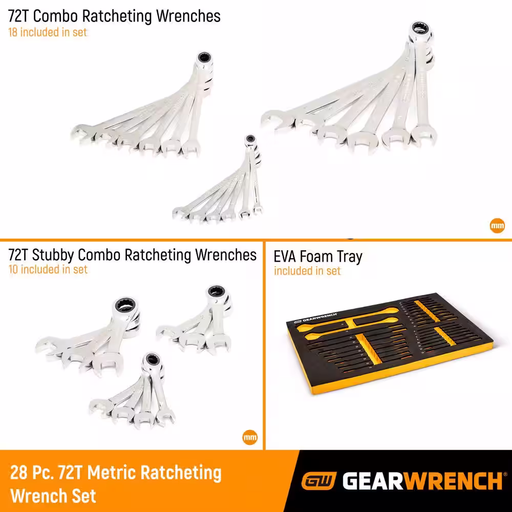 GEARWRENCH 28-Piece 72T Metric Standard and Stubby Ratcheting Wrench Set with EVA Foam Tray