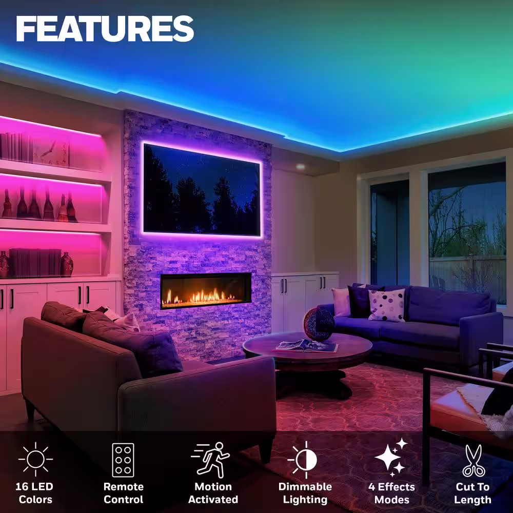 Honeywell 9.8 ft. USB or Battery Powered LED RGB Motion Activated Strip Lights for Home Decor, Mounted Under Cabinet Lights