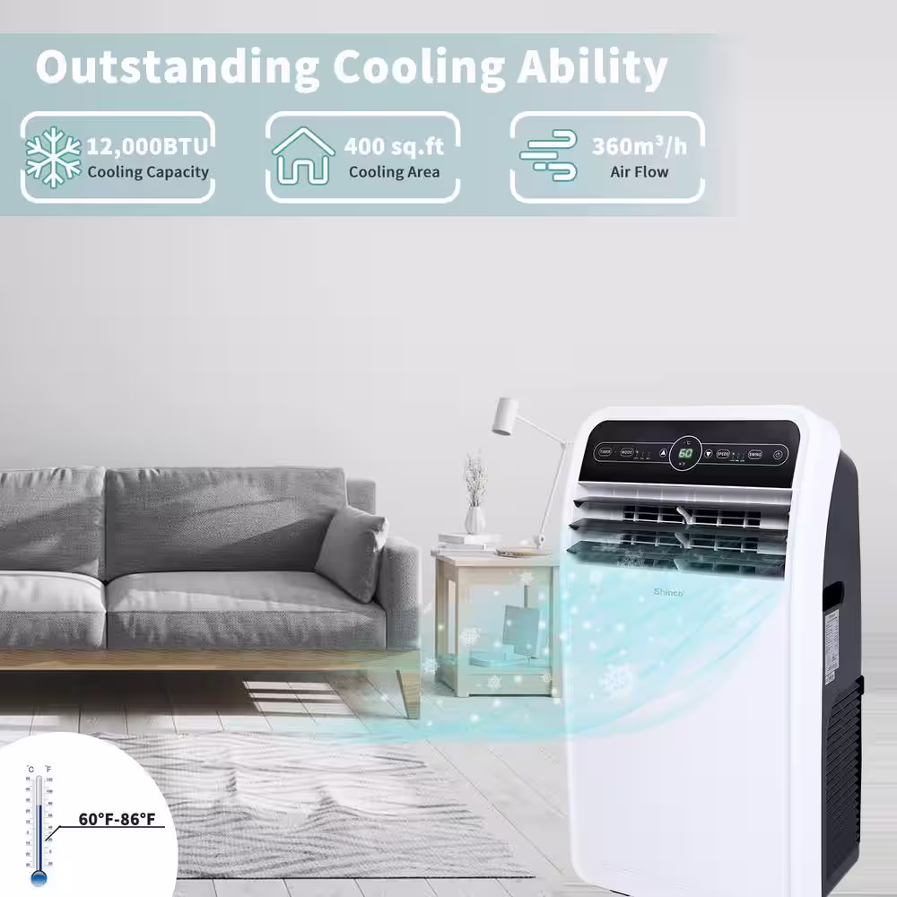 Shinco 12,000 BTU (7,800 BTU DOE) Portable Air Conditioner Cools 400 sq.ft. with Dehumidifier with Remote, in White, 3 Speeds