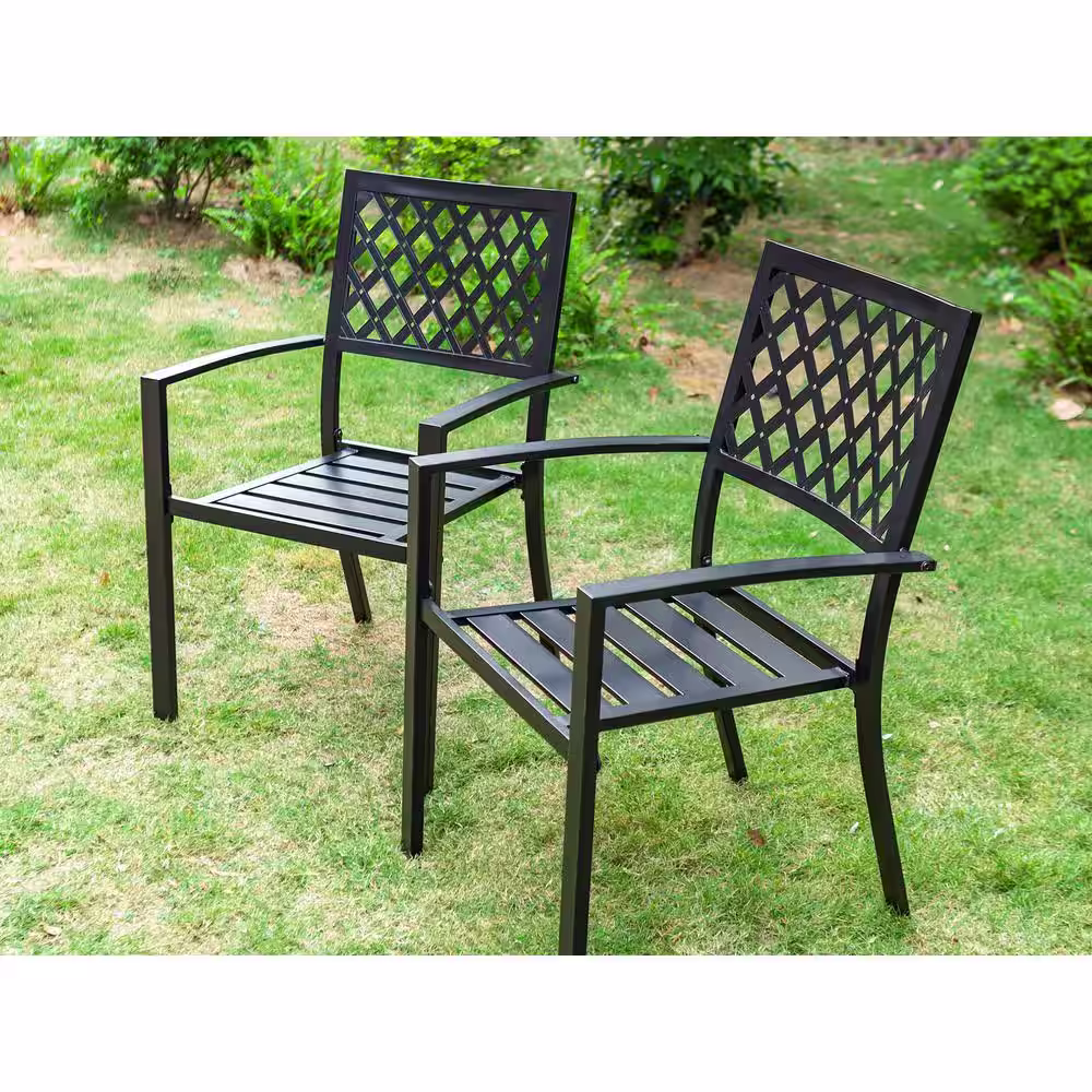 None Black 6-Piece Metal Outdoor Patio Dining Set with Umbrella and Wood-Look Square Table and Elegant Stackable Chairs