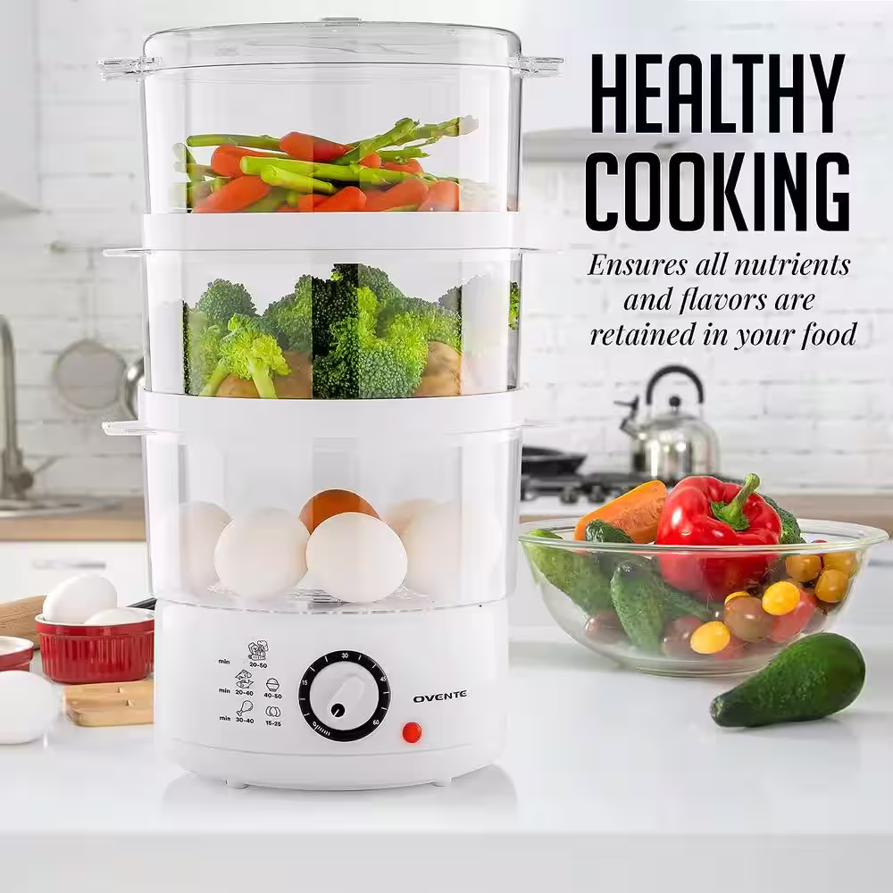 OVENTE 3-Tier Electric Steamer for Vegetables and Food with Timer, 7.5-Quart, 400-Watts, Auto Shut-Off Feature, White (FS53W)