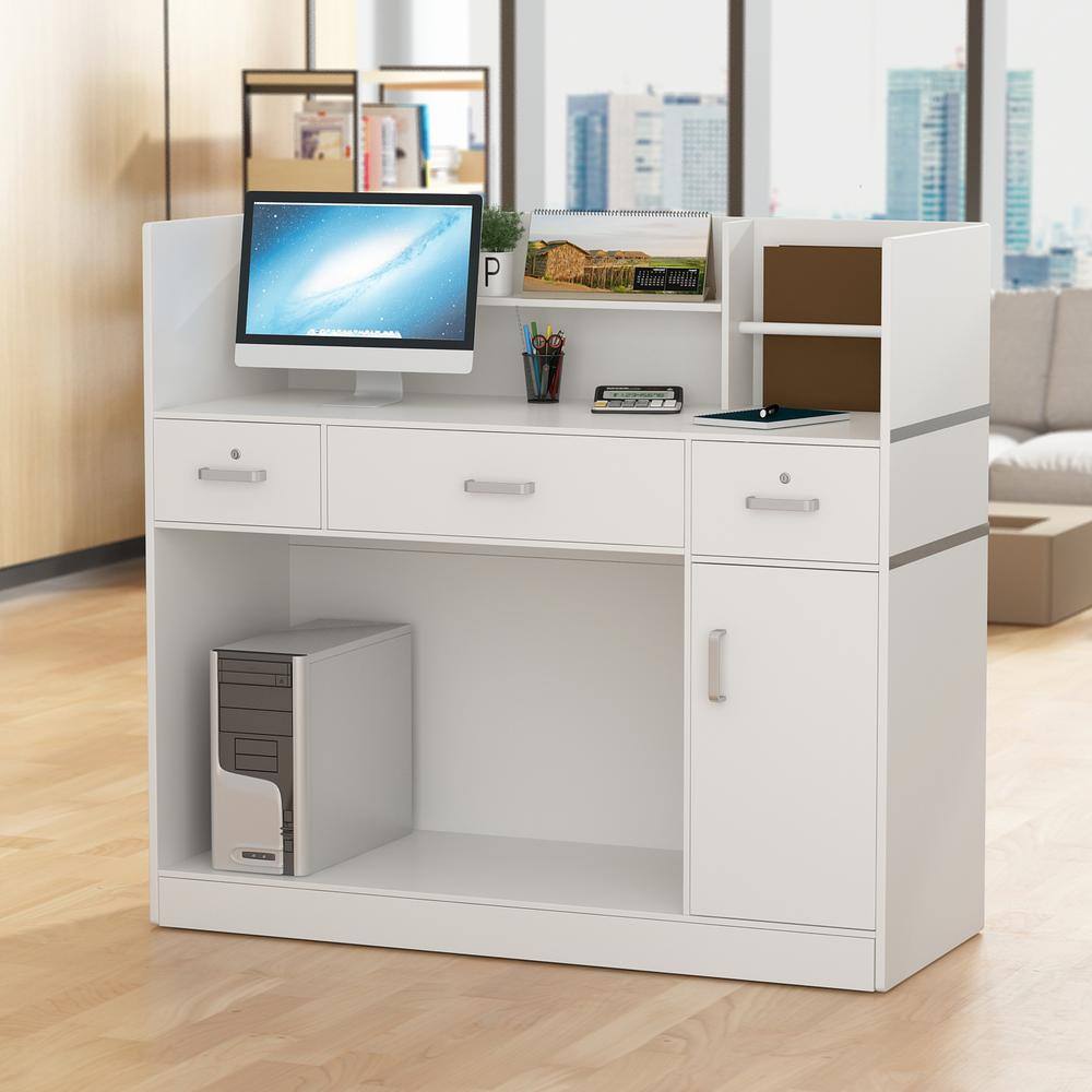FUFU&GAGA 47.2 in. Rectangle White Wooden Console Table with 3-Drawers, Cabinet and Shelves Side Table for Entryway Hallway