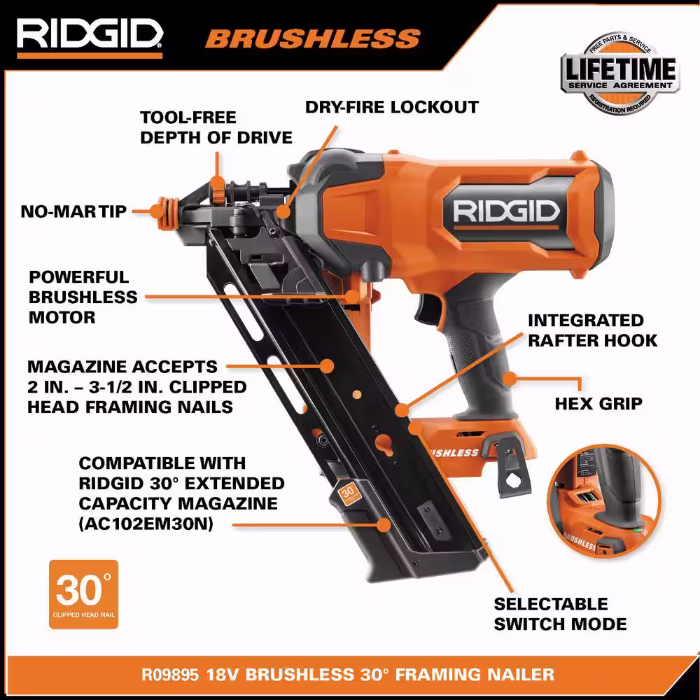 RIDGID 18V Brushless Cordless 30Â° 3-1/2 in. Framing Nailer with 18V 6.0 Ah MAX Output Lithium-Ion Battery