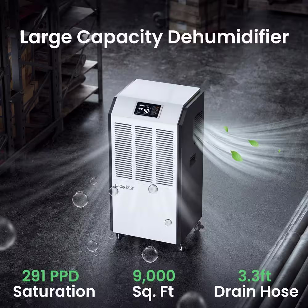 waykar 291-Pint Industrial Dehumidifier with Smart Dry for Bedrooms, Basements or Humid Rooms up to 9000 sq. ft. in White.
