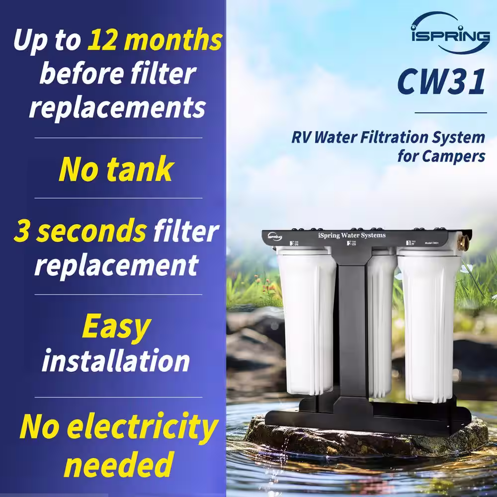 ISPRING CW31 3-Stage Whole House Water Filter for RV, Sediment Filter Dual CTO Carbon Block Filter, Tankless, BPA Free