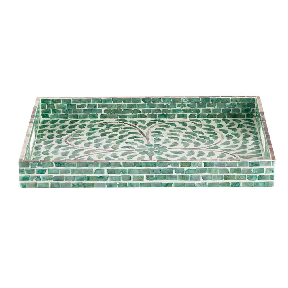 None 18 in. x 14 in. x 2 in. Green Rectangular Capiz Tray with Handles