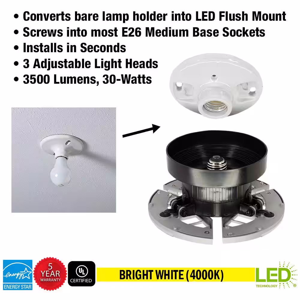 Commercial Electric 7 in. Spin Light 3 Adjustable Heads 3500 Lumens LED Flush Mount Garage Light and Basement - Screws into Lampholder
