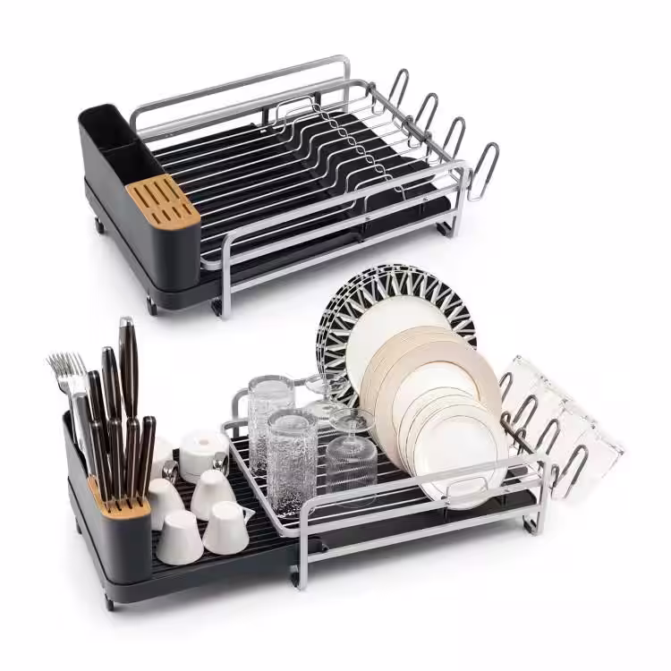 None Single Tier Aluminum Expandable Drying Dish Rack with Drainboard and Rotatable Drainage Spout in Dark Gray