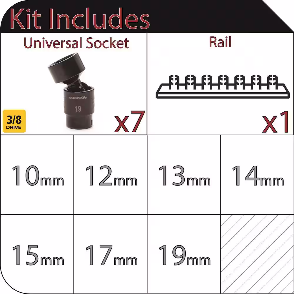 Husky 3/8 in. Drive Metric Pinless Universal 6-Point Impact Socket Set (7-Piece)