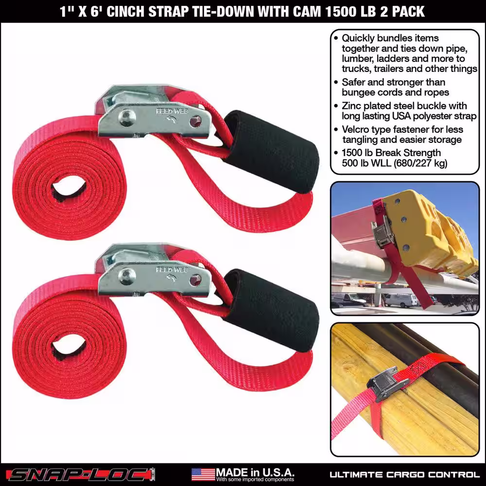 SNAP-LOC 6 ft. x 1 in. Cam with Cinch Strap in Red (2-Pack)