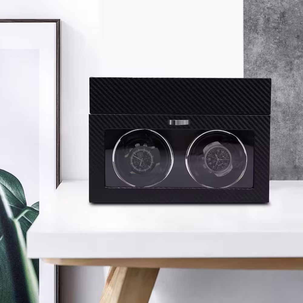 YIYIBYUS Rectangular Black PU Twill Leather Automatic Watch Winder 2 Watch Storage with LED