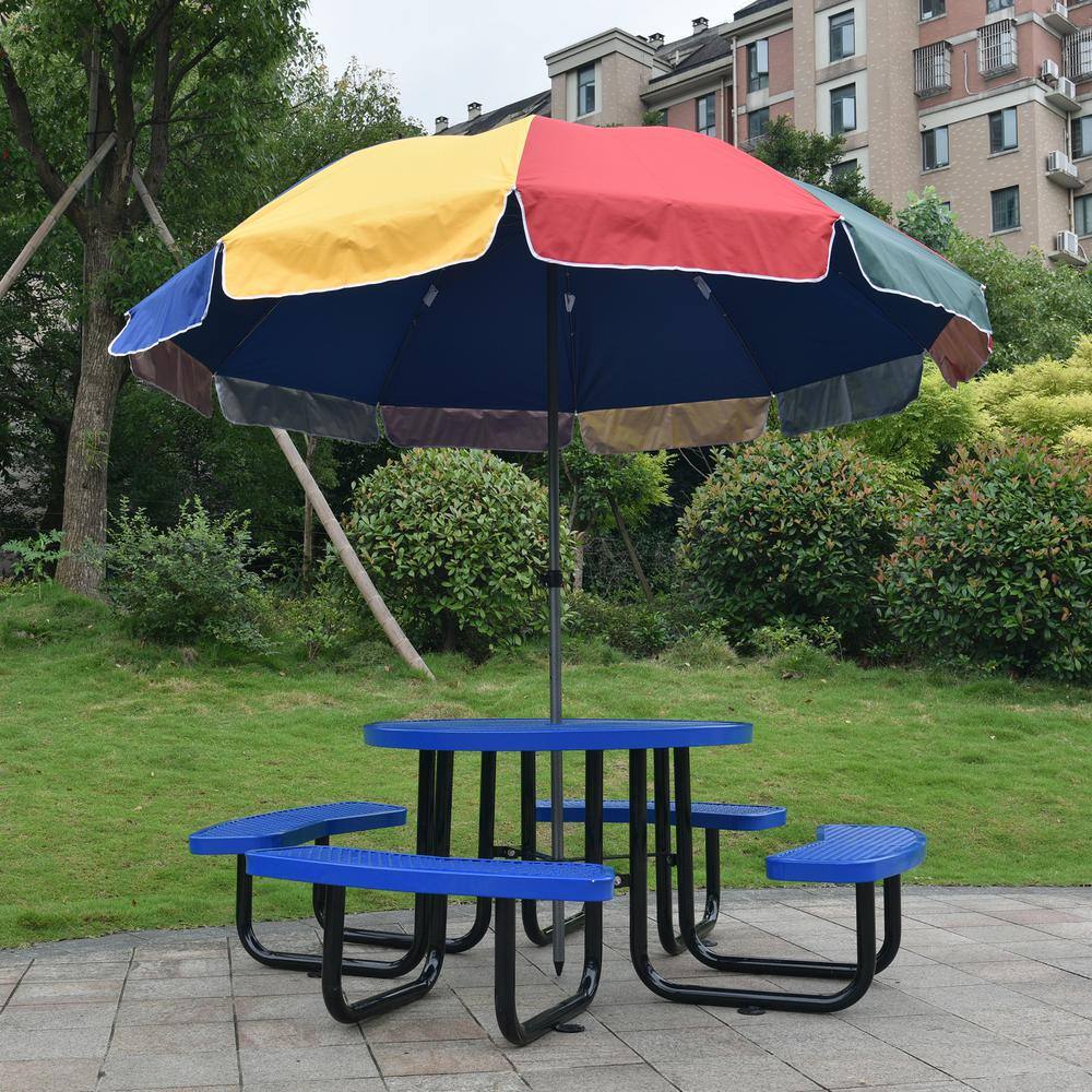 None Blue Round Outdoor Steel Picnic Table Dining Table 46 in. with Umbrella Pole