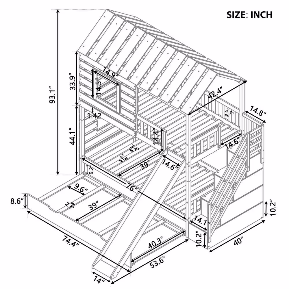 Harper & Bright Designs House Design Gray Twin over Twin Wood Bunk Bed with Trundle, Slide and Storage Staircase