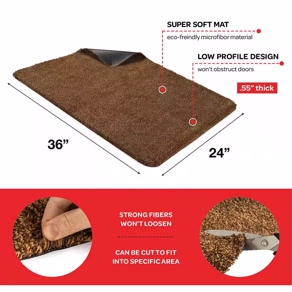 Kaluns Solid Front Doormat, Super Absorbent. 24 in X 36 in (Brown)