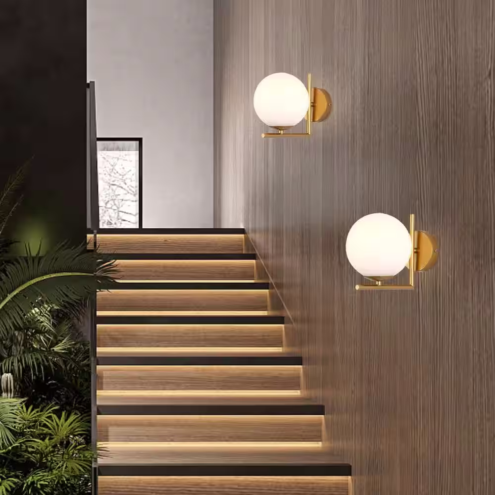 YANSUN 7.87 in. 1-Light Gold Metal Wall Sconce with White Shade, Postmodern Style Wall Lamp