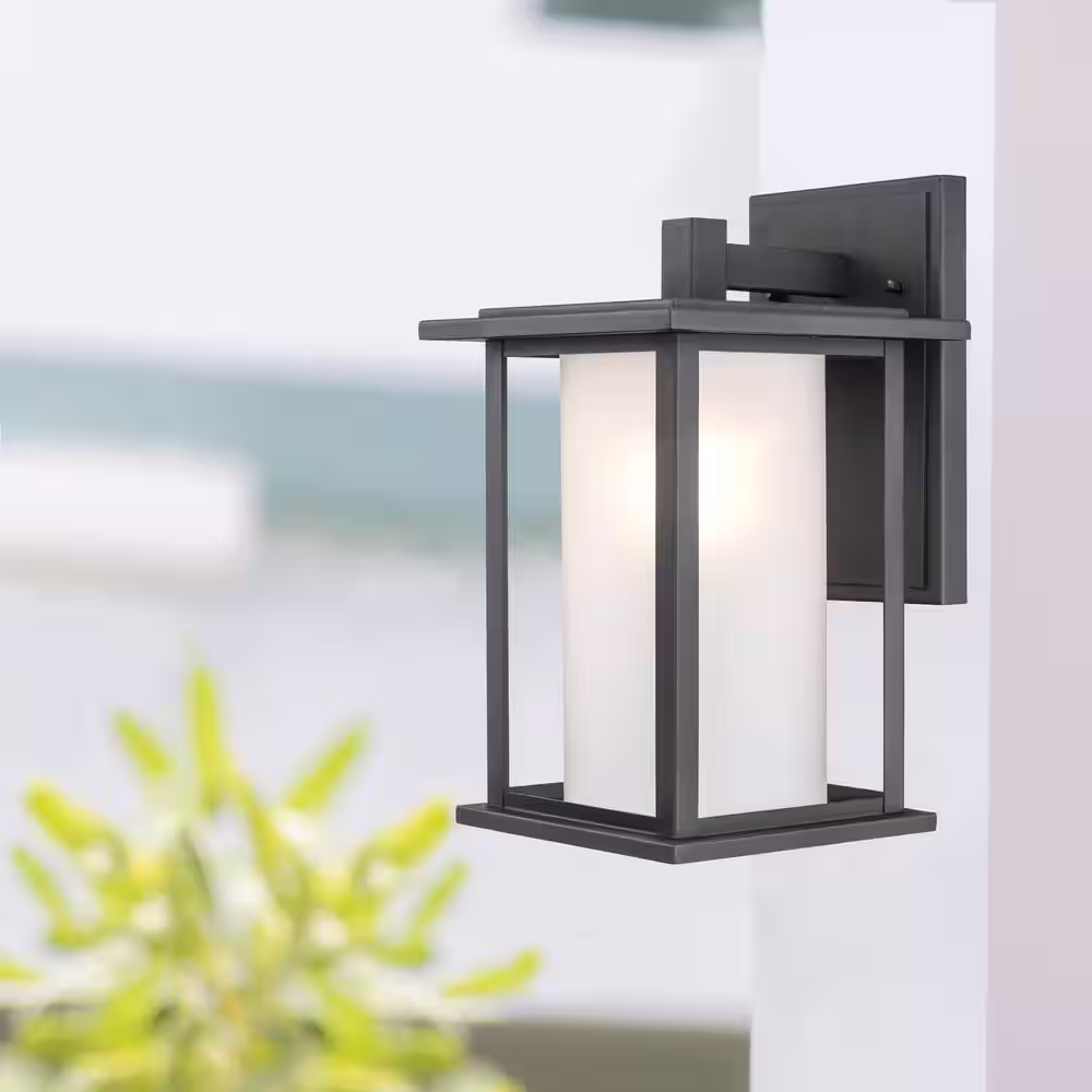 Bel Air Lighting Shaakar 15 in. 1-Light Black Outdoor Wall Light Fixture with Frosted Glass