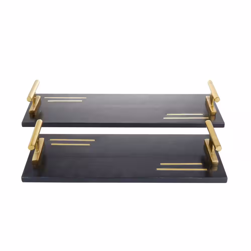 Litton Lane Black Marble Decorative Tray with Gold Handles (Set of 2)