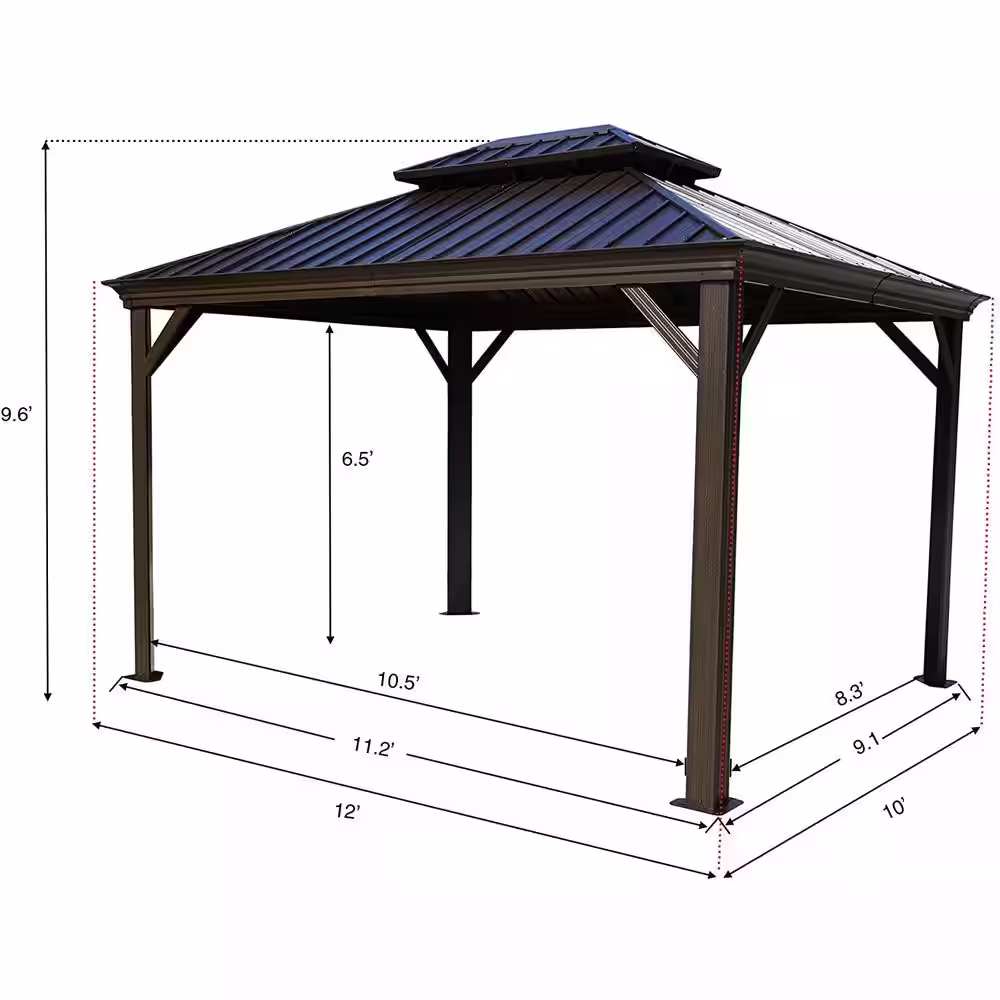 KOZYARD Alexander 10ft.D x 9ft.H x 12ft.W Aluminum Hardtop Gazebo with Galvanized Steel Roof, Mosquito Net and Privacy Sidewall