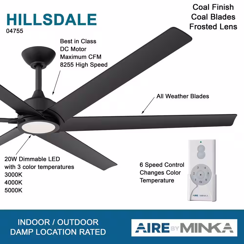 AIRE BY MINKA Hillsdale 65 in. Integrated LED Indoor/Outdoor Coal Ceiling Fan with Light Kit and Remote Control