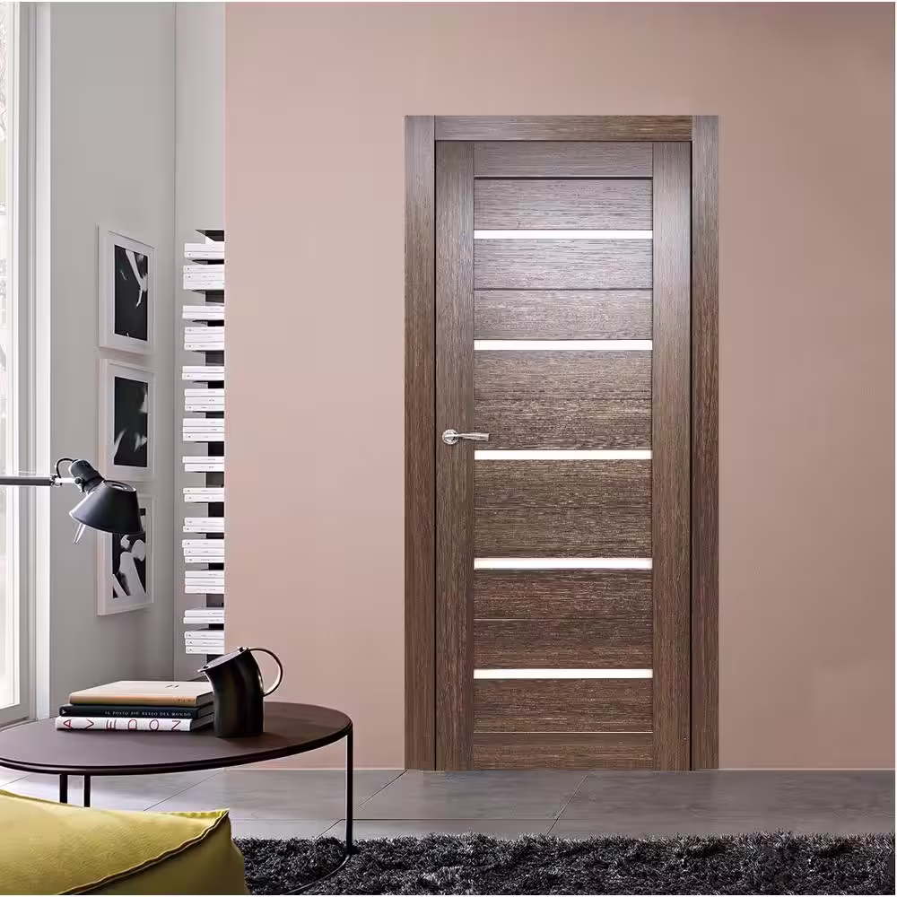 Valusso design doors 28 in. x 80 in. Tampa Whiskey Oak Prefinished Opal PC Glass 5-Lite Solid Core Wood Interior Door Slab No Bore