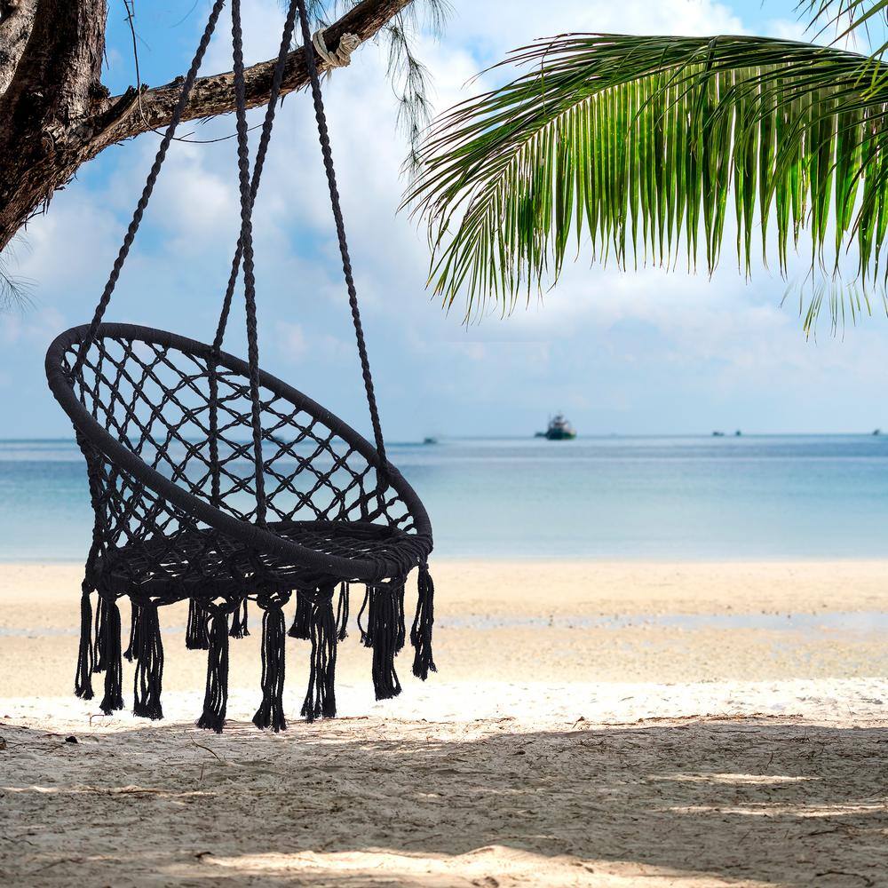 None 4 ft. Hammock Chair Macrame Swing Black Sling Cotton Rope for Indoor and Outdoor, Max 330 lbs.