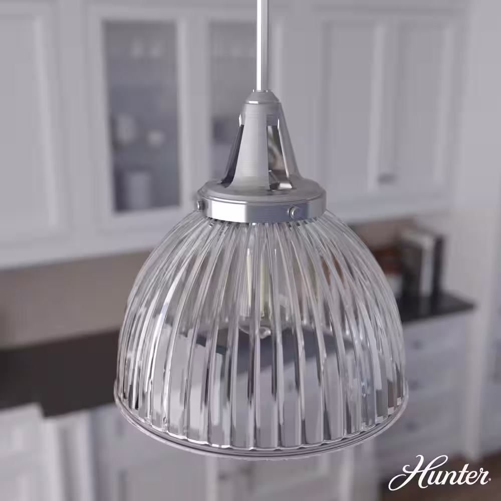 Hunter Cypress Grove 1 Light Brushed Nickel Island Pendant Light with Clear Holophane Glass Shade Dining Room Light