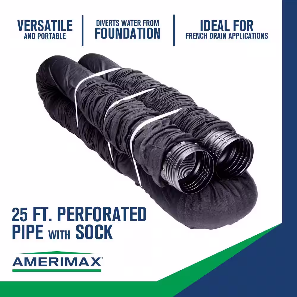 Amerimax Home Products FLEX Drain 4 in. x 25 ft. Black Copolymer Perforated Drain Pipe with Sock