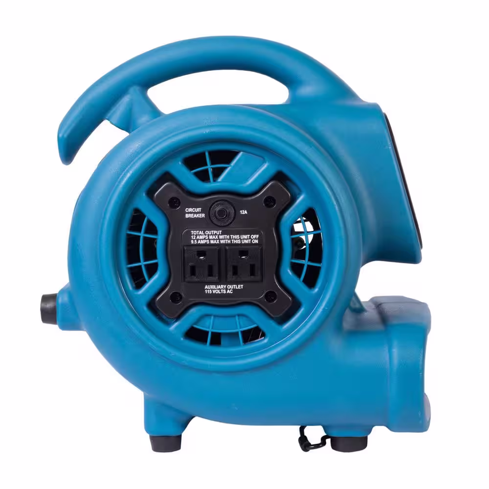 XPOWER 925 CFM 3-Speed Multi-Purpose Mini Mighty Air Mover Utility Blower Fan with Power Outlets and Timer in Blue